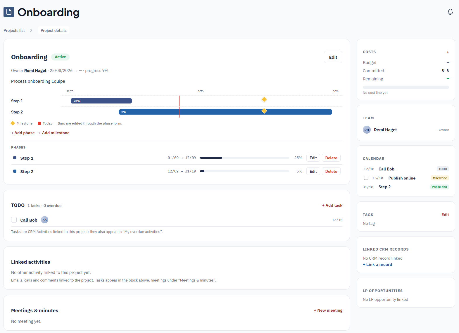 An Atlas project record: phase and milestone plan, tasks, team, calendar and budget