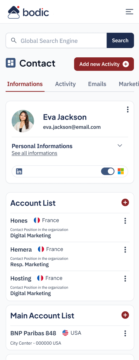 Bodic CRM — Responsive view: desktop, tablet, mobile