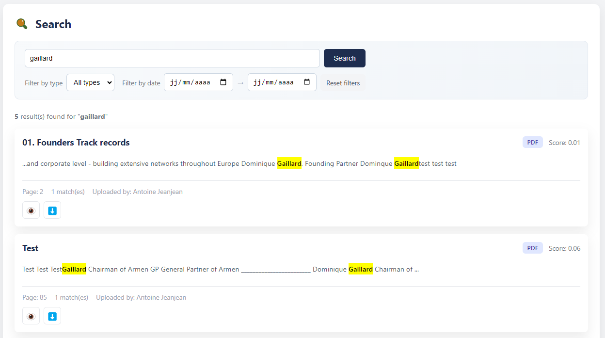 Interface Bodic Data Room - Recherche avancée
